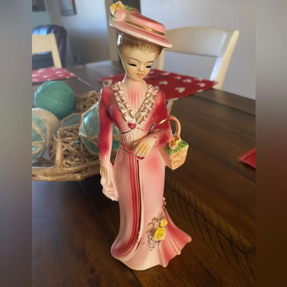 VINTAGE 10” Tall Victorian Lady Figurine Ruffled Accent Pink Dress Flower Basket